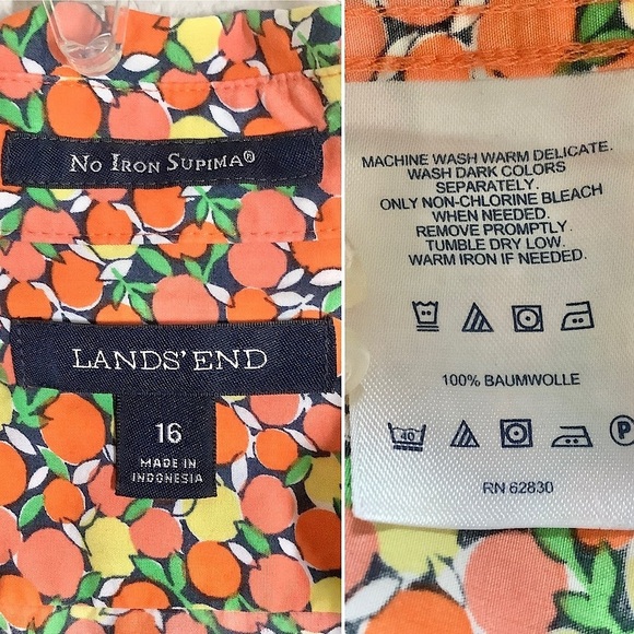 LANDS' END No-Iron Button Up Shirt Supima Poplin Citrus Print Resort Cruise 16 - Picture 7 of 10